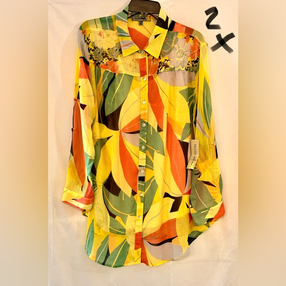 fig and flower Yellow Multicolor Tropical Print Button-Down Blouse